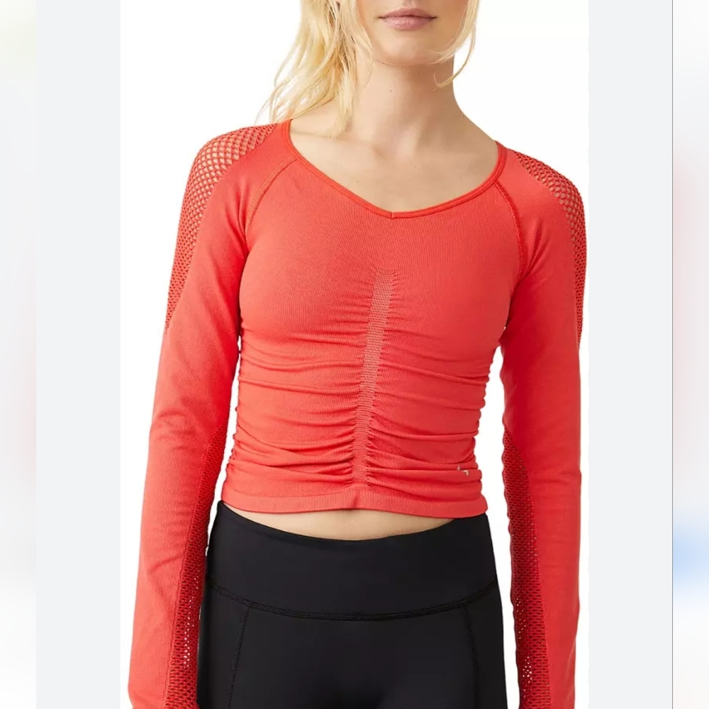 Free People Movement,On The Rise Long-Sleeve Layer Top, NWT, Red Mesh,M/L